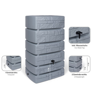 XXL Wassertank "TOWER STONE" 500 Liter in Grau (STEIN OPTIK) mit Füllautomat und Wasserhahn