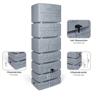 XXL Wassertank "TOWER STONE" 350 Liter in Grau (STEIN OPTIK) mit Füllautomat und Wasserhahn