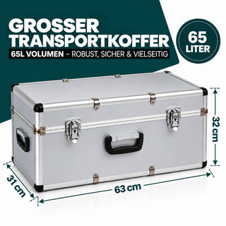 Aluminium Transportkoffer 65 Liter - Abschließbar mit Neopren-Innenverkleidung - Silber