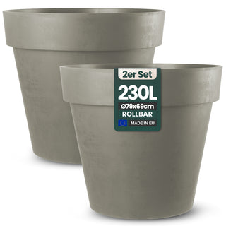 2 x XXL Pflanzkübel / Pflanztopf „LIKE“ Ø 79 x H 69 cm - Braun - Rund, Rollbar - in Natur Stein Optik