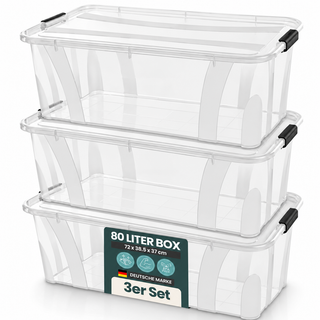 3 x Aufbewahrungsbox 'Master' Box mit Deckel - 80 Liter Volumen, in Transparent
