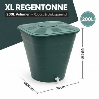 XL Wassertonne 220 Liter mit Deckel und Hahn, eckiges Format in Grün