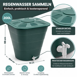 XL Wassertonne 220 Liter mit Deckel und Hahn, eckiges Format in Grün