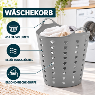 XL Flexibler Wäschekorb 65 Liter Grau - Kunststoffkorb mit Griffen