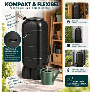 100 Liter Regentonne mit Standfuß, Füllautomat und Wasserhahn (Schwarz)