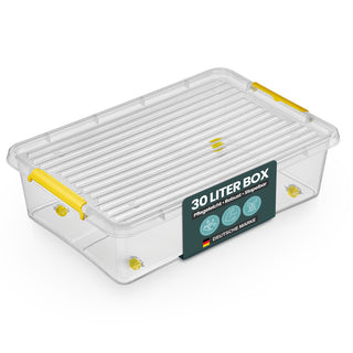 Aufbewahrungsbox 'Simple Store' mit Deckel transparent - stapelbare Kunststoffbox mit Rollen & Clips - 30 Liter (Set wählbar)