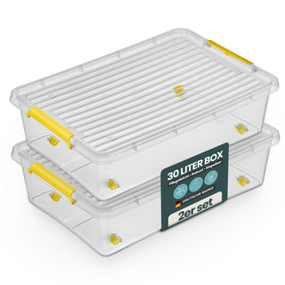 Aufbewahrungsbox 'Simple Store' mit Deckel transparent - stapelbare Kunststoffbox mit Rollen & Clips - 30 Liter (Set wählbar)