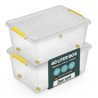 Aufbewahrungsbox 'Simple Store' mit Deckel transparent - stapelbare Kunststoffbox mit Rollen & Clips - 40 Liter (Set wählbar)