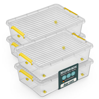Aufbewahrungsbox 'Simple Store' mit Deckel transparent - stapelbare Kunststoffbox mit Rollen & Clips - 30 Liter (Set wählbar)