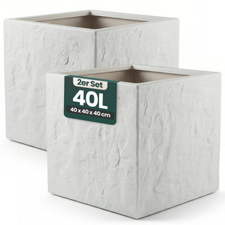 2 x Pflanzkübel 'Riven' in Hellgrau - Blumentopf aus Kunststoff - Steinoptik - 40x40x40 cm