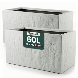2 x Pflanzkasten 'Riven' in Hellgrau - Blumentopf aus Kunststoff - Steinoptik - 60x30x30 cm