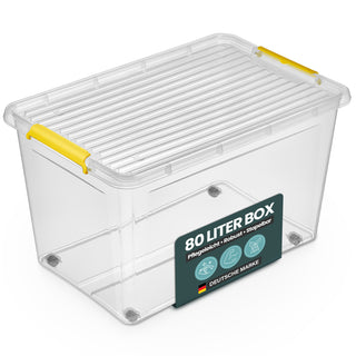 Aufbewahrungsbox 'Simple Store' mit Deckel transparent - stapelbare Kunststoffbox mit Rollen & Clips - 145 Liter (Set wählbar)
