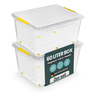 Aufbewahrungsbox 'Simple Store' mit Deckel transparent - stapelbare Kunststoffbox mit Rollen & Clips - 60 Liter (Set wählbar)