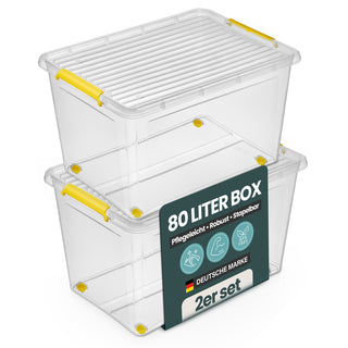 Aufbewahrungsbox 'Simple Store' mit Deckel transparent - stapelbare Kunststoffbox mit Rollen & Clips - 80 Liter (Set wählbar)