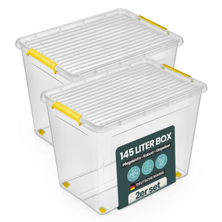 Aufbewahrungsbox 'Simple Store' mit Deckel transparent - stapelbare Kunststoffbox mit Rollen & Clips - 145 Liter (Set wählbar)