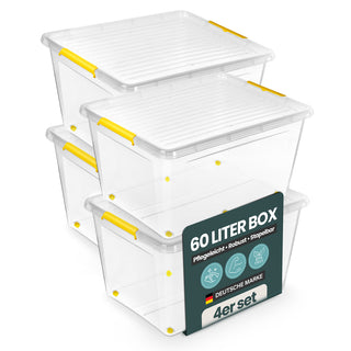 Aufbewahrungsbox 'Simple Store' mit Deckel transparent - stapelbare Kunststoffbox mit Rollen & Clips - 60 Liter (Set wählbar)