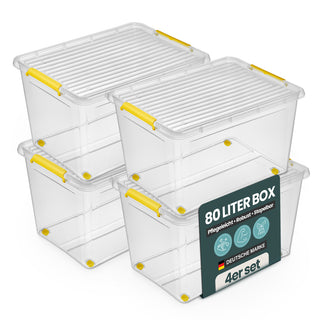Aufbewahrungsbox 'Simple Store' mit Deckel transparent - stapelbare Kunststoffbox mit Rollen & Clips - 80 Liter (Set wählbar)