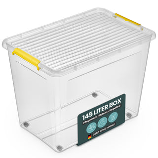 Aufbewahrungsbox 'Simple Store' mit Deckel transparent - stapelbare Kunststoffbox mit Rollen & Clips - 145 Liter (Set wählbar)