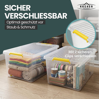 Aufbewahrungsbox 'Simple Store' mit Deckel transparent - stapelbare Kunststoffbox mit Rollen & Clips - 40 Liter (Set wählbar)