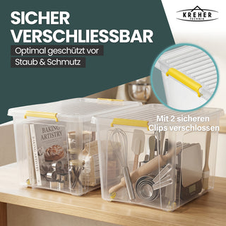 Aufbewahrungsbox 'Simple Store' mit Deckel transparent - stapelbare Kunststoffbox mit Rollen & Clips - 60 Liter (Set wählbar)