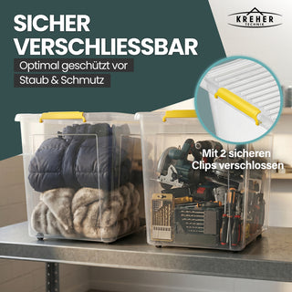 Aufbewahrungsbox 'Simple Store' mit Deckel transparent - stapelbare Kunststoffbox mit Rollen & Clips - 145 Liter (Set wählbar)