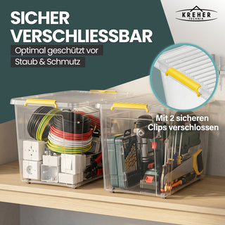 Aufbewahrungsbox 'Simple Store' mit Deckel transparent - stapelbare Kunststoffbox mit Rollen & Clips - 80 Liter (Set wählbar)