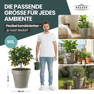 XL Pflanzkübel / Pflanztopf „LIKE“ Ø 58 x H 51 cm - Braun - Rund, Rollbar - in Natur Stein Optik