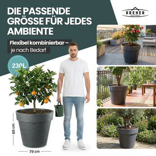 XXL Pflanzkübel / Pflanztopf „LIKE“ Ø 79 x H 69 cm - Anthrazit - Rund, Rollbar - in Natur Stein Optik