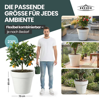2 x XXL Pflanzkübel / Pflanztopf „LIKE“ Ø 79 x H 69 cm - Weiß - Rund, Rollbar - in Natur Stein Optik