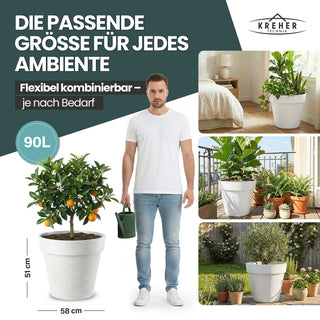 2 x XL Pflanzkübel / Pflanztopf „LIKE“ Ø 58 x H 51 cm - Weiß - Rund, Rollbar - in Natur Stein Optik