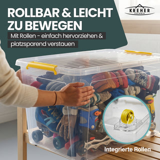 Aufbewahrungsbox 'Simple Store' mit Deckel transparent - stapelbare Kunststoffbox mit Rollen & Clips - 145 Liter (Set wählbar)