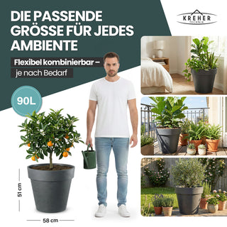 XL Pflanzkübel / Pflanztopf „LIKE“ Ø 58 x H 51 cm - Anthrazit - Rund, Rollbar - in Natur Stein Optik