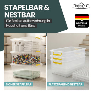 Aufbewahrungsbox 'Simple Store' mit Deckel transparent - stapelbare Kunststoffbox mit Rollen & Clips - 60 Liter (Set wählbar)