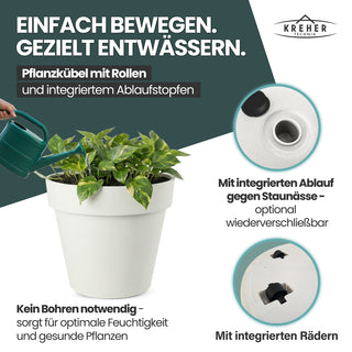 XL Pflanzkübel / Pflanztopf „LIKE“ Ø 58 x H 51 cm - Weiß - Rund, Rollbar - in Natur Stein Optik
