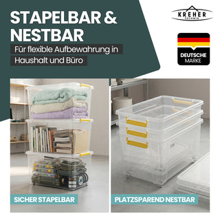 Aufbewahrungsbox 'Simple Store' mit Deckel transparent - stapelbare Kunststoffbox mit Rollen & Clips - 80 Liter (Set wählbar)