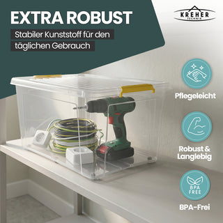 Aufbewahrungsbox 'Simple Store' mit Deckel transparent - stapelbare Kunststoffbox mit Rollen & Clips - 60 Liter (Set wählbar)