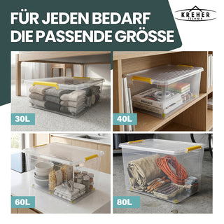 Aufbewahrungsbox 'Simple Store' mit Deckel transparent - stapelbare Kunststoffbox mit Rollen & Clips - 145 Liter (Set wählbar)