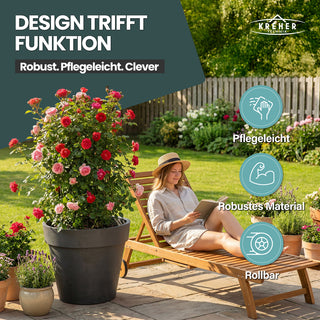 2 x XXL Pflanzkübel / Pflanztopf „LIKE“ Ø 79 x H 69 cm - Anthrazit - Rund, Rollbar - in Natur Stein Optik