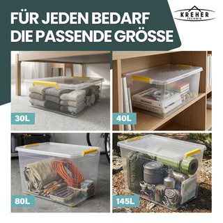 Aufbewahrungsbox 'Simple Store' mit Deckel transparent - stapelbare Kunststoffbox mit Rollen & Clips - 60 Liter (Set wählbar)