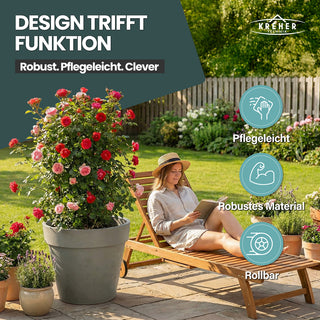 XXL Pflanzkübel / Pflanztopf „LIKE“ Ø 79 x H 69 cm - Braun - Rund, Rollbar - in Natur Stein Optik