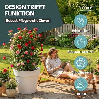 2 x XXL Pflanzkübel / Pflanztopf „LIKE“ Ø 79 x H 69 cm - Weiß - Rund, Rollbar - in Natur Stein Optik