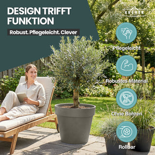 XL Pflanzkübel / Pflanztopf „LIKE“ Ø 58 x H 51 cm - Braun - Rund, Rollbar - in Natur Stein Optik
