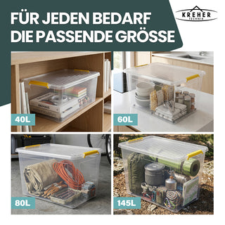 Aufbewahrungsbox 'Simple Store' mit Deckel transparent - stapelbare Kunststoffbox mit Rollen & Clips - 40 Liter (Set wählbar)