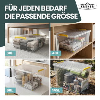 Aufbewahrungsbox 'Simple Store' mit Deckel transparent - stapelbare Kunststoffbox mit Rollen & Clips - 80 Liter (Set wählbar)