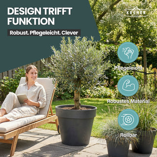 XL Pflanzkübel / Pflanztopf „LIKE“ Ø 58 x H 51 cm - Anthrazit - Rund, Rollbar - in Natur Stein Optik