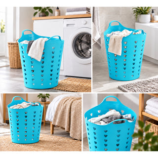 XL Flexibler Wäschekorb 65 Liter Blau - Kunststoffkorb mit Griffen
